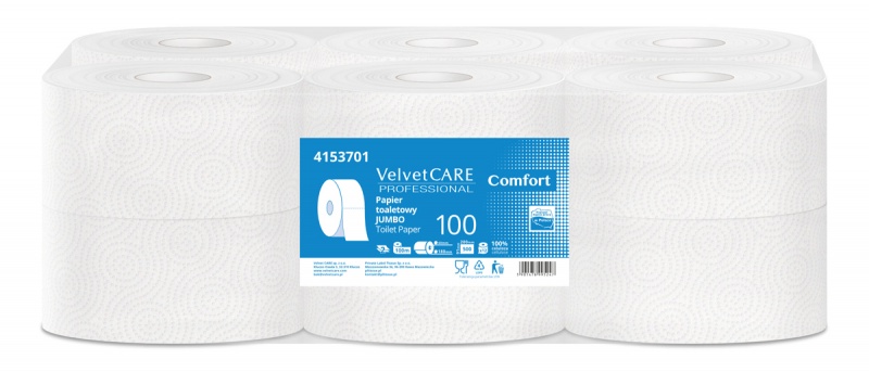 Туалетний папір VELVET Professional Jumbo целюлозний, 2-шаровий, 500 аркушів, 100 м, 12 шт., білий VLP-4100537